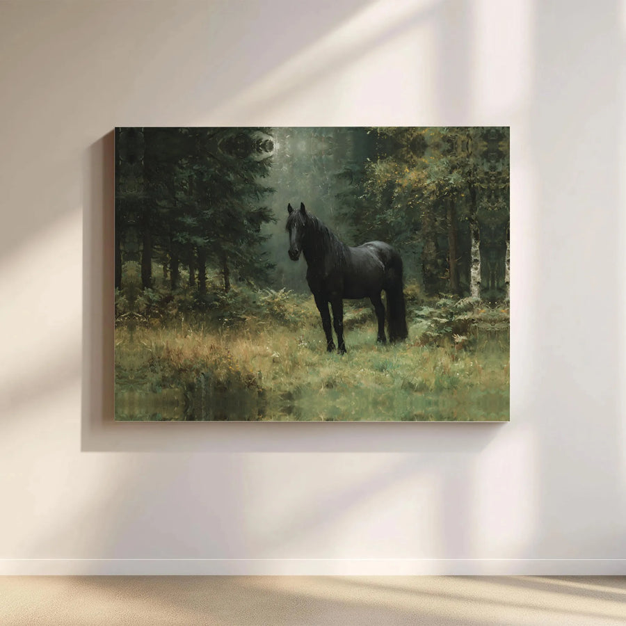 Black Horse Wall Art | Moody Forest Landscape Oil Painting Style | Premium Gallery Wrap Canvas | Horse Lover Gift for Home Office Decor