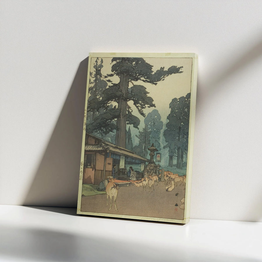 Japanese Woodblock Print Canvas | Vintage Deer at Nara Shrine Art | Premium Gallery Wrapped Wall Decor | Japanese Art Collector's Gift