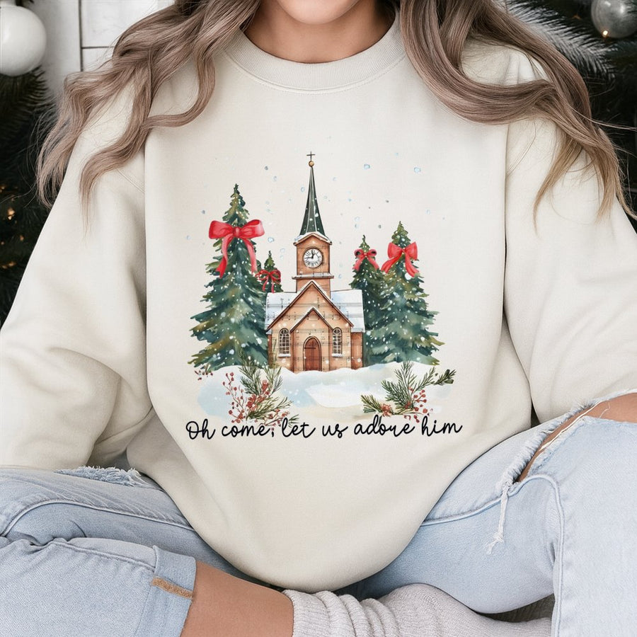 Oh Come Let Us Adore Him Sweatshirt | Watercolor Church Christmas Design | Premium Cotton Blend | Religious Holiday Gift for Women