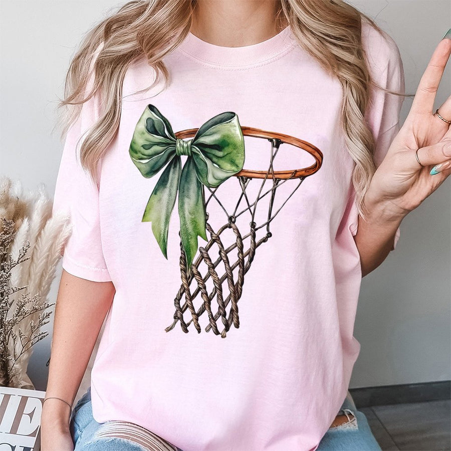 Basketball Mom T-Shirt | Aesthetic Hoop With Green Ribbon Design | Premium 100% Cotton Tee | Trendy Sport Game Day Apparel Gift