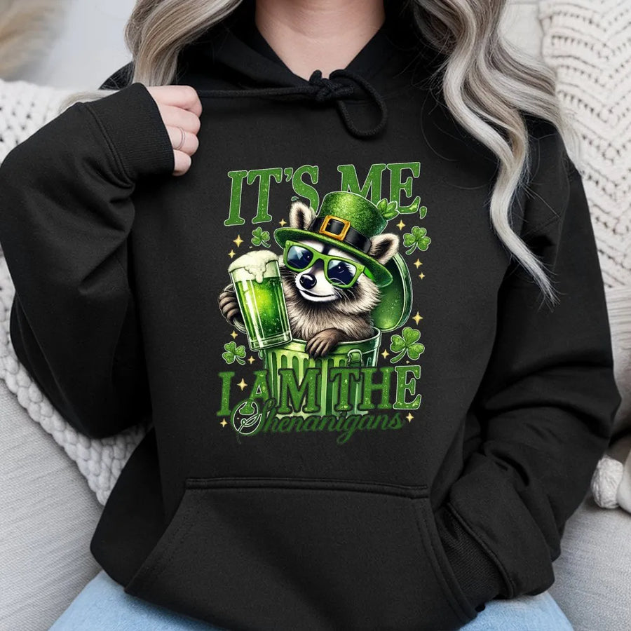 St. Patrick's Day Hoodie | I Am The Shenanigans Funny Raccoon Graphic | Premium Soft Unisex Pullover | Irish Party Gift For Men & Women