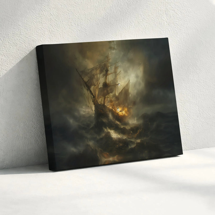 Burning Ship Canvas Art | Dramatic Stormy Ocean Seascape Wall Decor | Gallery-Wrapped Premium Canvas | Nautical Fine Art Gift for Home Office