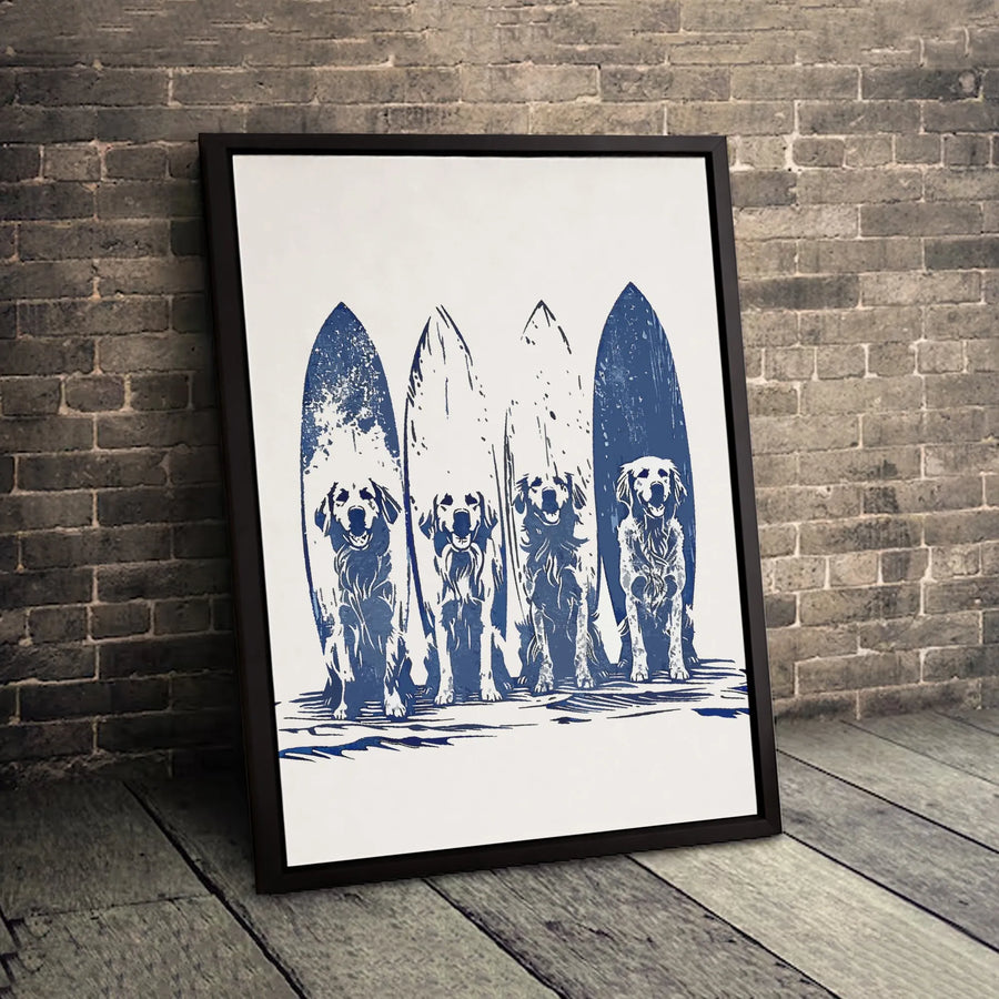 Golden Retriever Surf Wall Art | Coastal Dog Surfing Linocut Print | Premium Gallery Wrap Canvas | Beach House Decor Gift