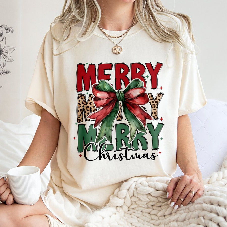 Merry Christmas T-Shirt | Coquette Bow Leopard Print Graphic | Premium Soft Cotton Tee | Trendy Holiday Gift For Women And Men