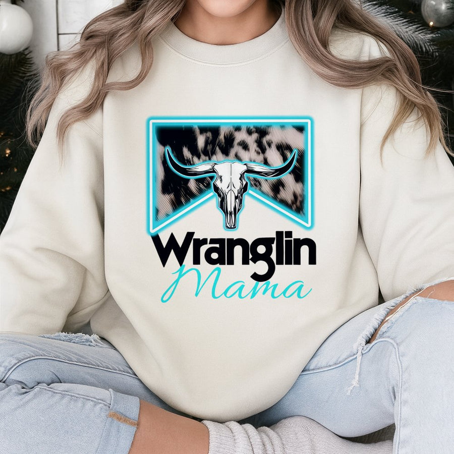 Wranglin Mama Sweatshirt | Western Cowgirl Skull Design | Premium Cotton Blend | Ranch Life Gift for Her