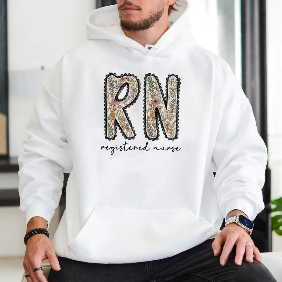 Registered Nurse Hoodie | Floral RN Nursing Design | Premium Cotton Blend Sweatshirt | Graduation Gift for Nursing Student or RN
