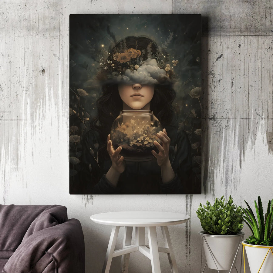 Surreal Girl With Floral Terrarium Wall Art | Ethereal Dark Academia Canvas Print | Premium Gallery-Wrapped Decor | Unique Gift For Art Lovers