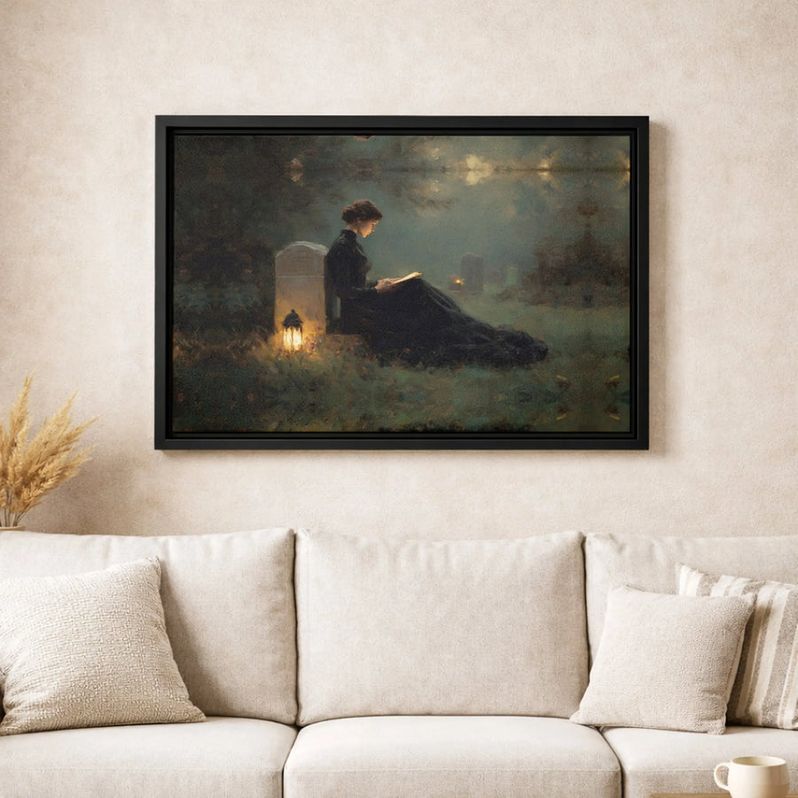 Gothic Graveyard Canvas Print | Woman Reading by Lantern Light | Gallery-Quality 1.25" Profile | Moody Dark Academia Wall Art Decor