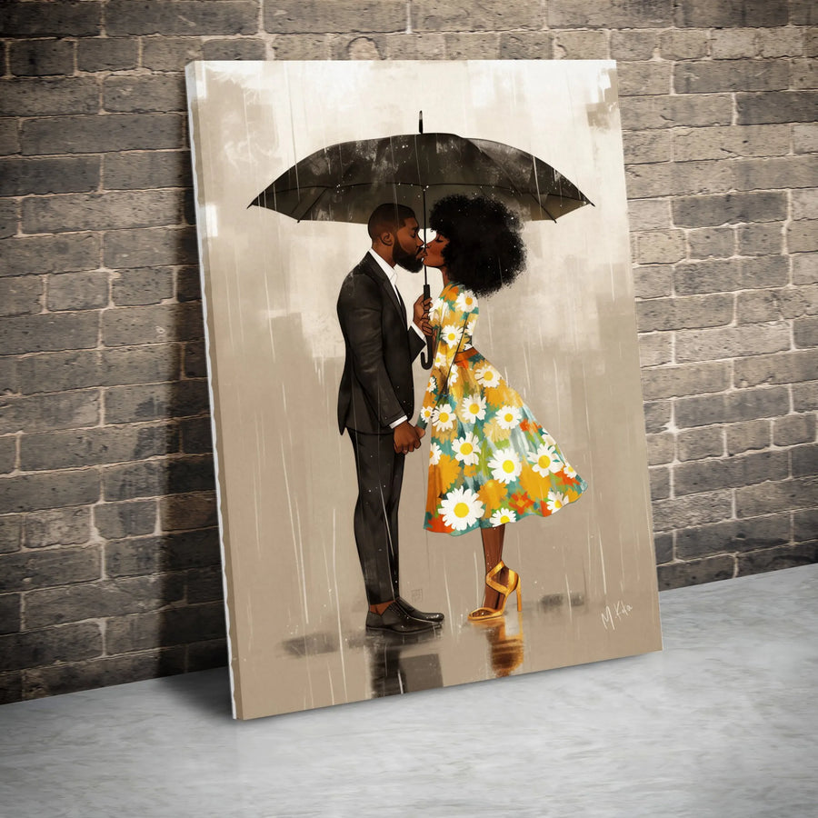 Black Couple Art Canvas | Romantic Kiss in the Rain Print | Premium Gallery Wrapped Canvas | Anniversary Gift for Couples