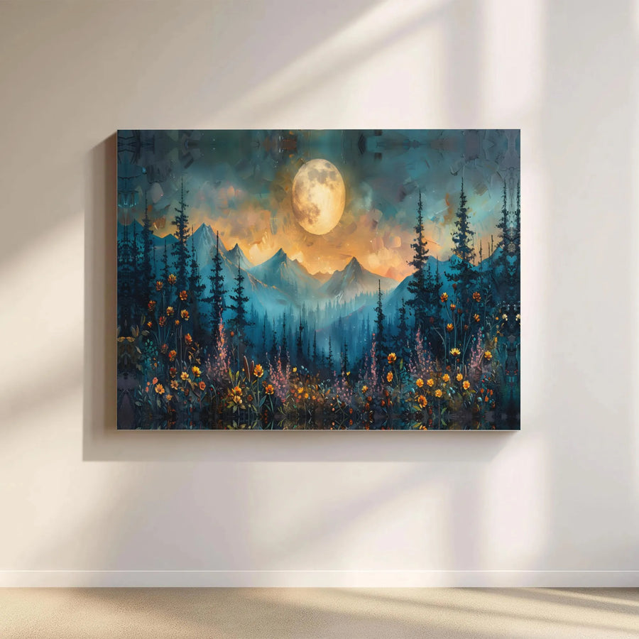 Mountain Forest Wall Art | Moonlit Wildflower Landscape | Gallery-Wrapped Canvas Print | Nature Home Decor Gift