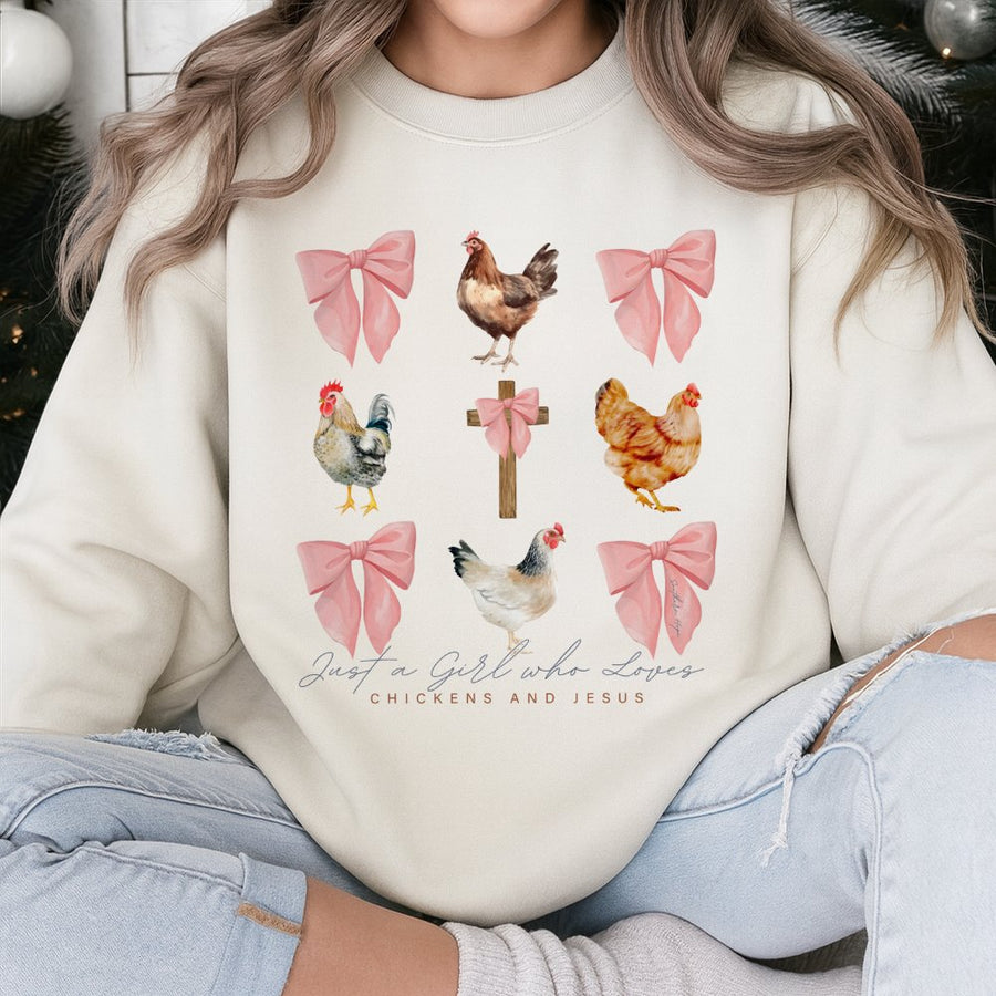 Chickens And Jesus Sweatshirt | Cute Chicken Bow Graphic Design | Premium Cotton Blend | Gift For Farm Girl And Christian Women