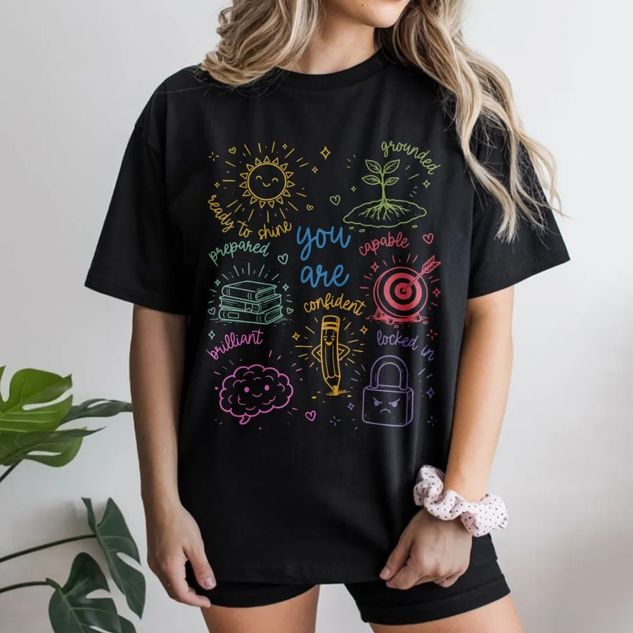Inspirational Test Day T-Shirt | Positive Affirmation Doodle Graphic | 100% Cotton Premium Tee | Teacher Testing Gift for Students & Educators