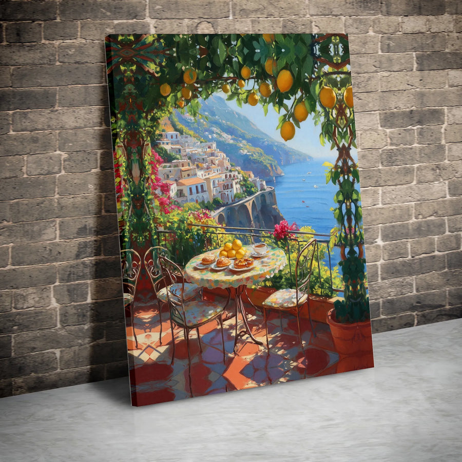 Amalfi Coast Canvas Art | Mediterranean Sea Lemon Balcony Print | Gallery Wrap Premium Wall Decor | Italian Summer Home Gift