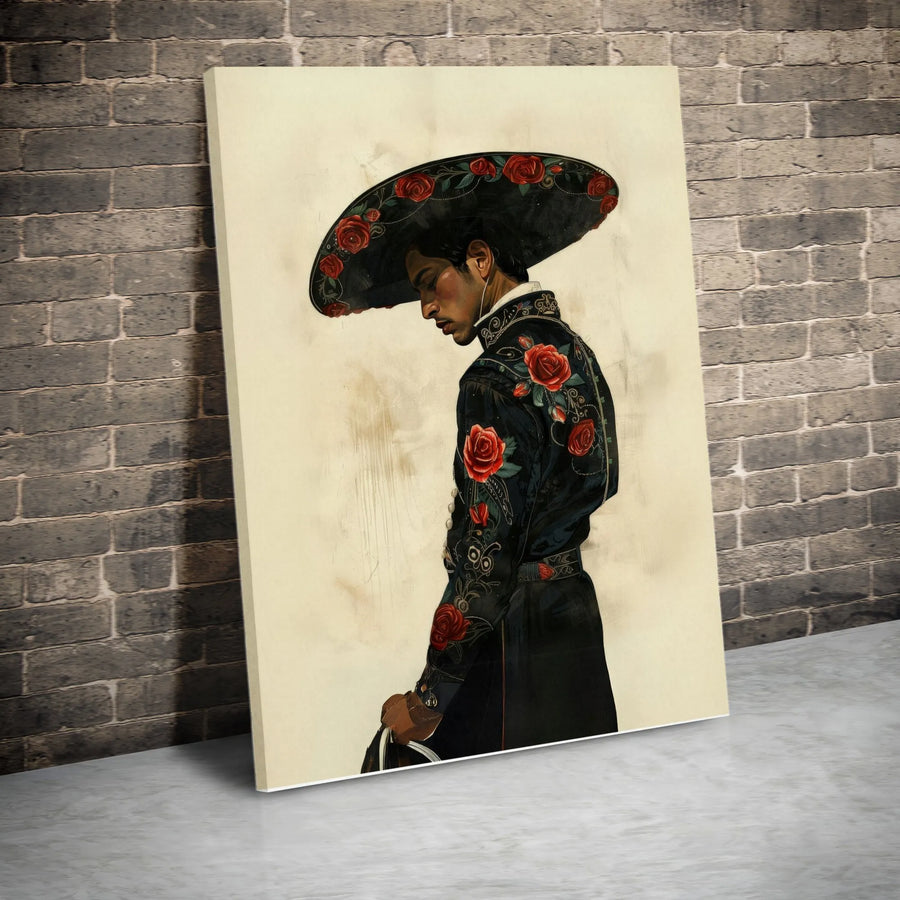 Mariachi Wall Art Canvas | Charro Suit With Red Roses Portrait | Premium Gallery Wrap Print | Mexican Culture Home Decor Gift