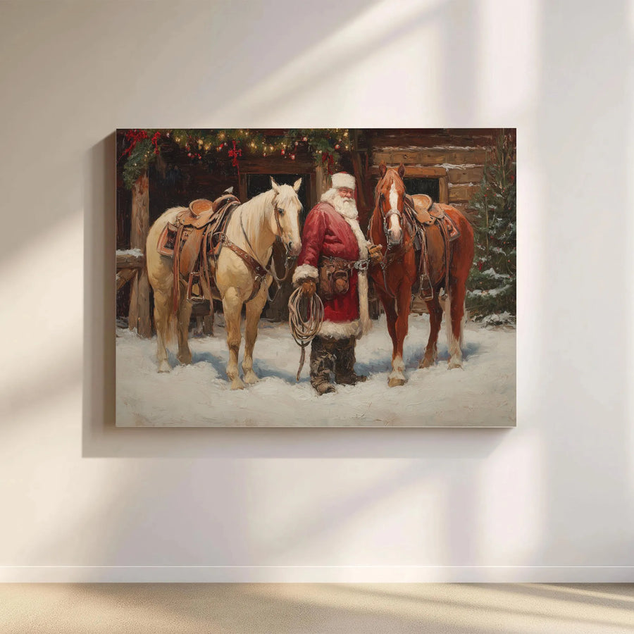 Cowboy Santa Claus Canvas Wall Art | Western Christmas Farmhouse Decor | Premium Gallery Wrap Print | Festive Holiday Gift for Horse Lovers