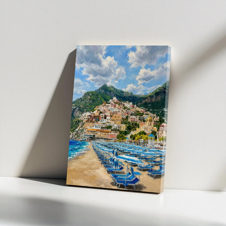 Amalfi Coast Italy Canvas Print | Positano Coastal Village Painting | Thick 1.25" Gallery Wrap Canvas | Living Room Wall Decor Gift for Traveler