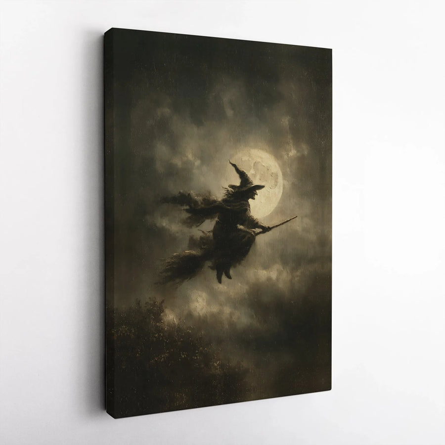 Witch Flying on Broomstick Wall Art | Gothic Full Moon Canvas Print | Premium Fade-Resistant Gallery Wrap | Spooky Halloween Home Decor Gift