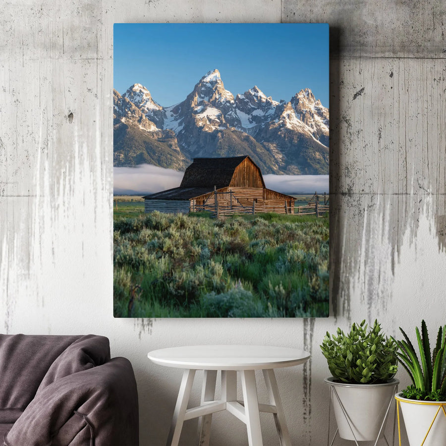Grand Teton Canvas Print | Moulton Barn Sunrise Landscape Art | Premium Gallery Wrap Wall Decor | Mountain Scenic Nature Gift for Home Office