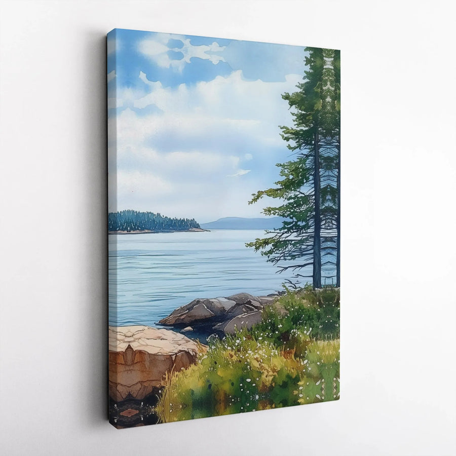 Coastal Landscape Wall Art | Watercolor Pine Tree & Rocky Shore | Premium Gallery-Wrapped Canvas | Nature-Inspired Home Decor Gift