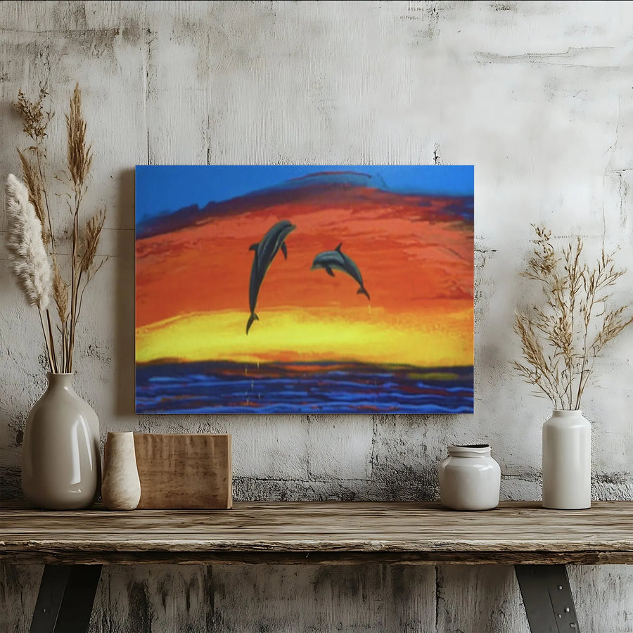 Dolphin Sunset Canvas Print | Jumping Dolphins Ocean Painting | Premium Fade-Resistant Canvas | Coastal Living Room Decor Gift