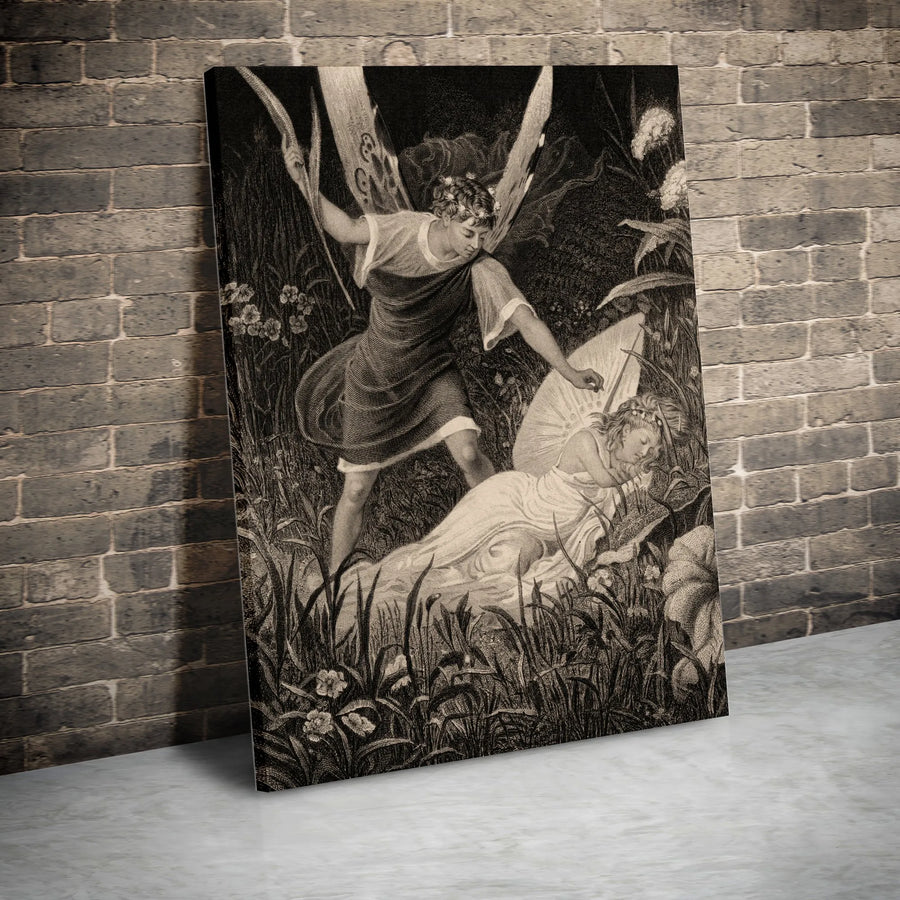 Vintage Fairy Vertical Canvas Print | Mythical Garden Engraving Style Art | Premium Gallery Wrapped Canvas | Dark Academia Home Decor Gift for Fantasy Lover