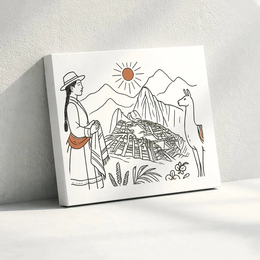 Machu Picchu Canvas Wall Art | Peruvian Llama Minimalist Line Drawing | Premium Gallery-Wrapped Print | Travel Lover Home Decor Gift