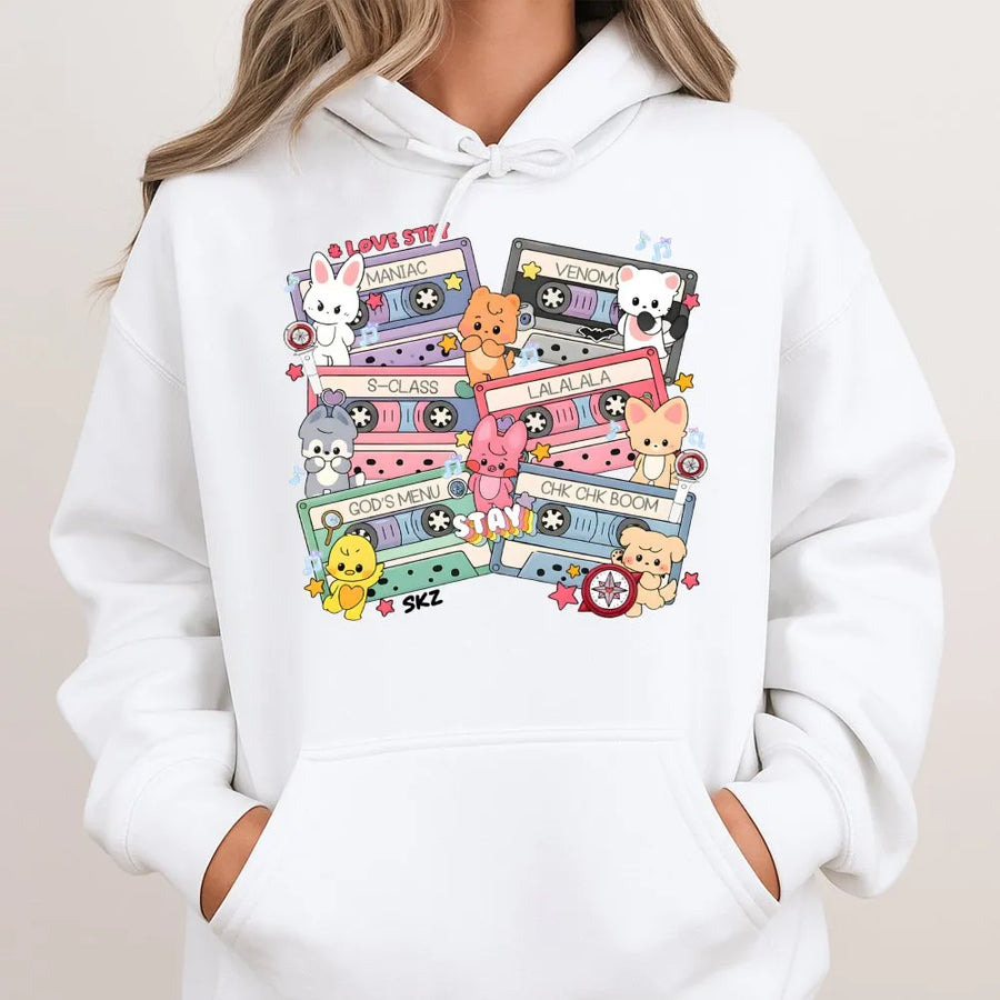 Kpop Cassette Tape Hoodie | Cute Cartoon Characters Design | Premium Soft Fleece | Gift For Kpop Fans Concert Outfit