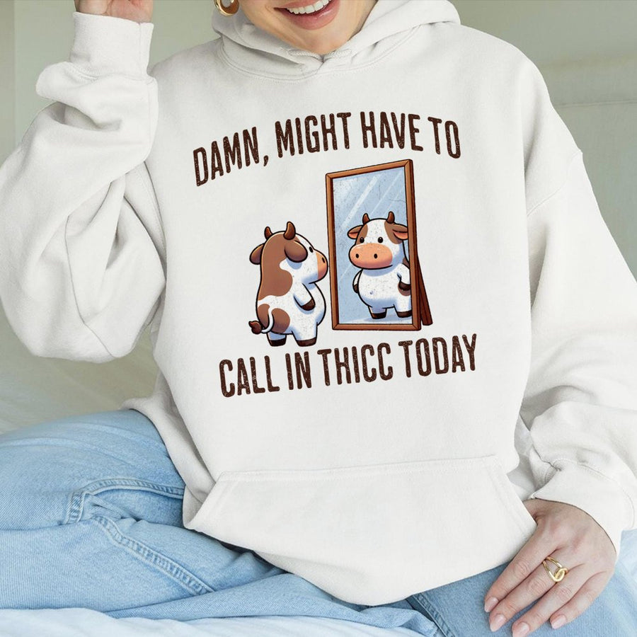 Call In Thicc Cow Hoodie | Funny Animal Pun Graphic Sweatshirt | Premium Cotton-Blend Pullover | Sarcastic Gym Gift For Cow Lovers