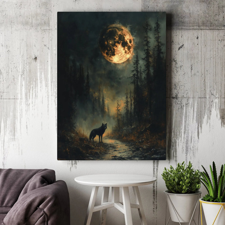 Wolf Wall Art Canvas | Moody Forest Full Moon Landscape | Premium Gallery Wrap Print | Dark Academia Home Decor Gift