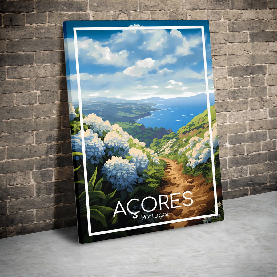 Azores Portugal Travel Poster Vertical Canvas | Retro Coastline & Hydrangeas Illustration | Premium 1.25 In Gallery Wrap Wall Art | Wanderlust Gift for Travelers