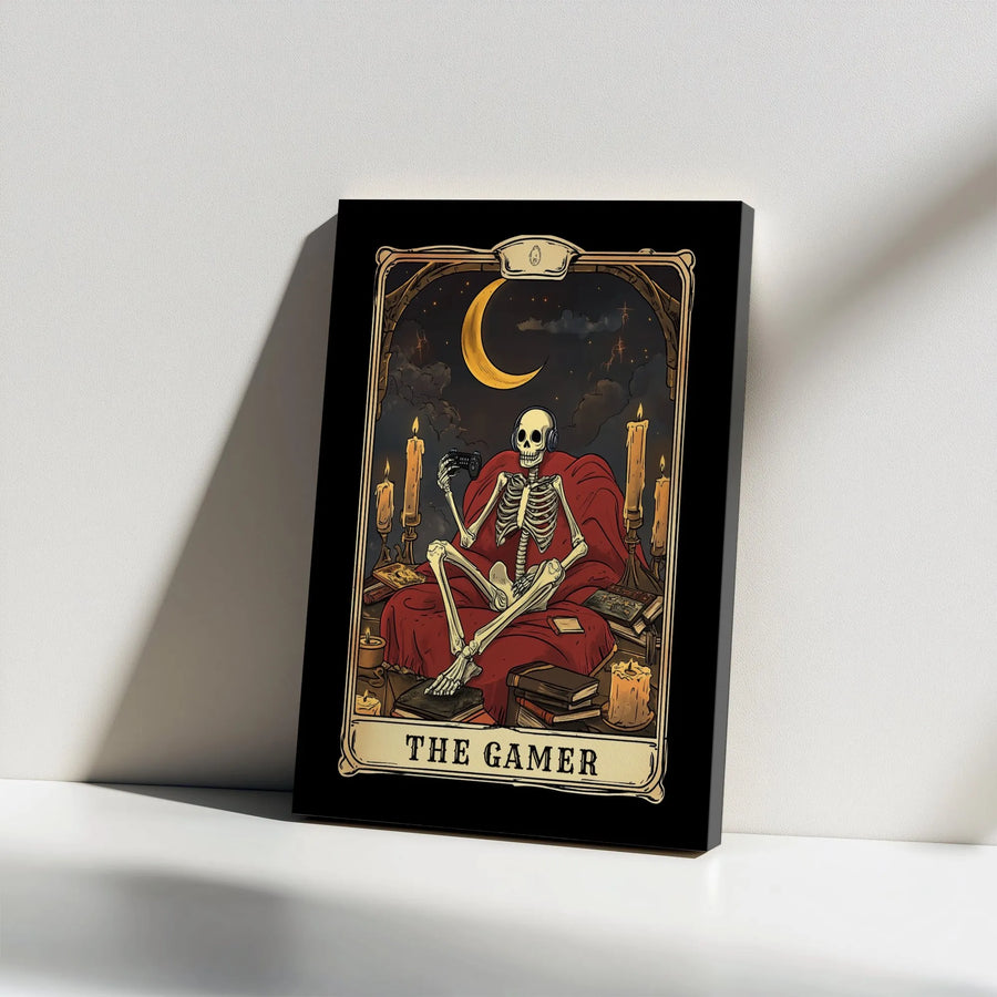 The Gamer Tarot Card Wall Art | Skeleton Gaming Aesthetic Canvas | Premium Gallery Wrap Decor | Unique Gift for Gamers and Occult Lovers