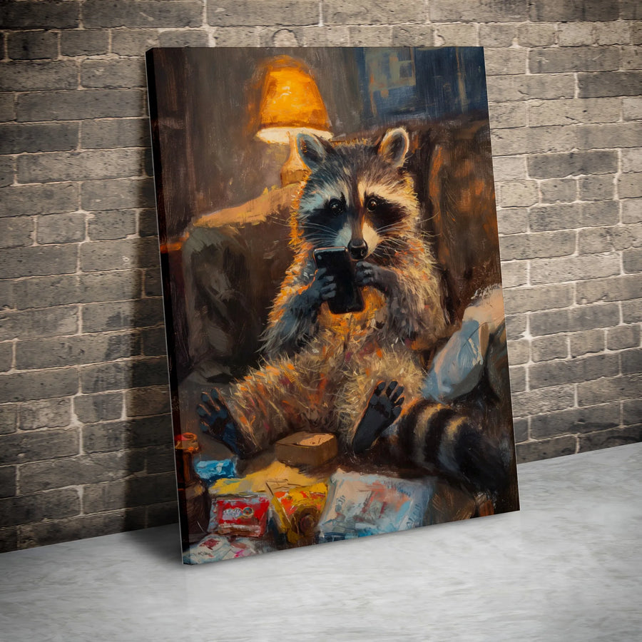 Funny Raccoon Canvas Print | Humorous Trash Panda Scrolling on Phone | Premium Gallery Wrapped Canvas | Collector's Gift for Meme Lover