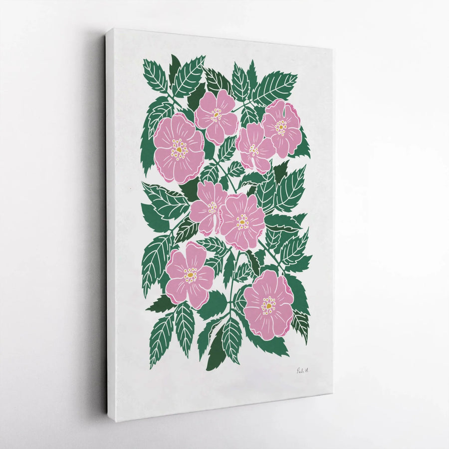 Wild Rose Canvas Wall Art | Linocut Style Pink Briar Rose Illustration | Premium 1.25" Thick Canvas | Modern Botanical Home Decor Gift