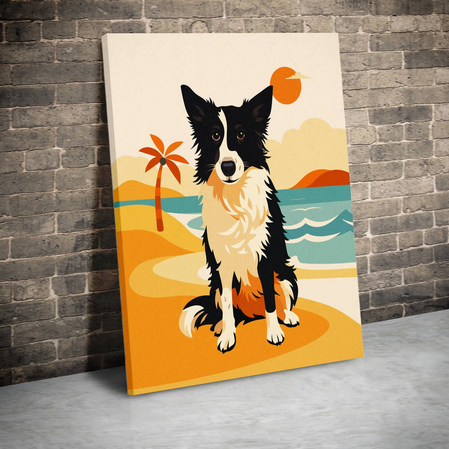 Border Collie Canvas Wall Art | Retro Beach Sunset Print | Premium Gallery Wrapped Canvas | Unique Gift for Dog Lover