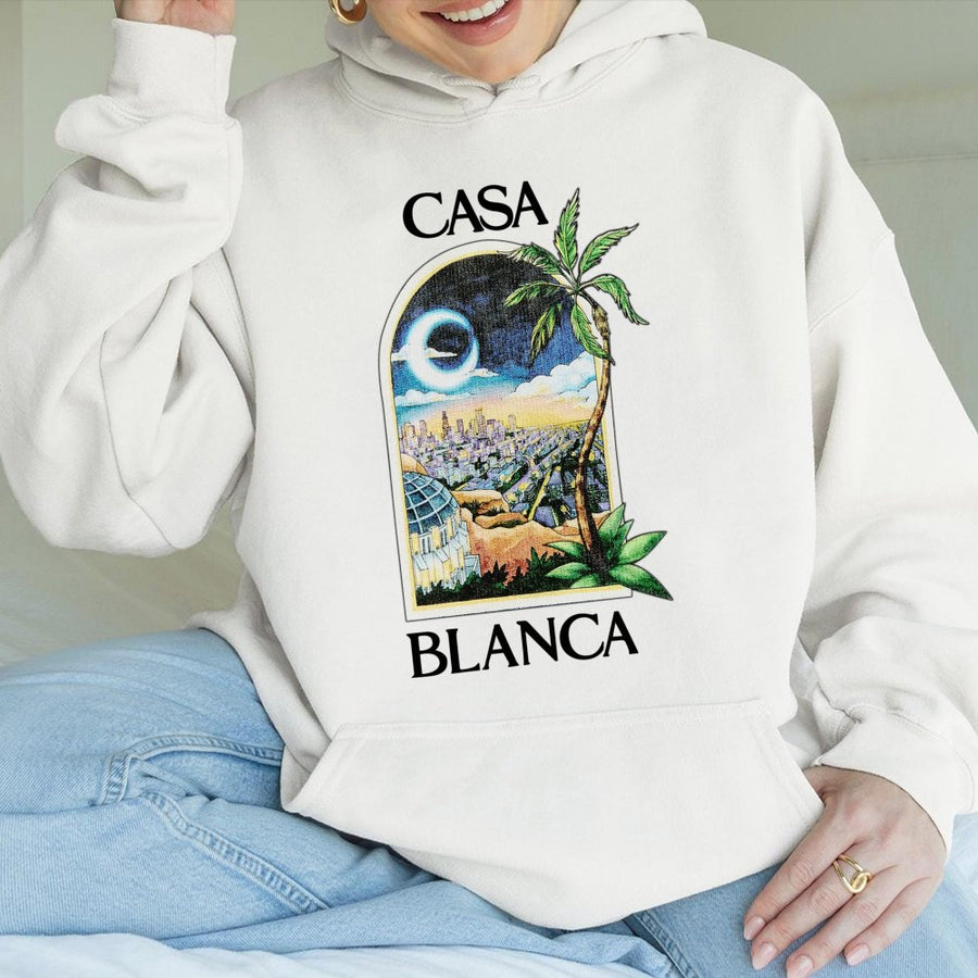 Casa Blanca Graphic Hoodie | Tropical City Skyline Art | Premium Cotton-Blend Fleece | Unisex Streetwear Gift for Travelers