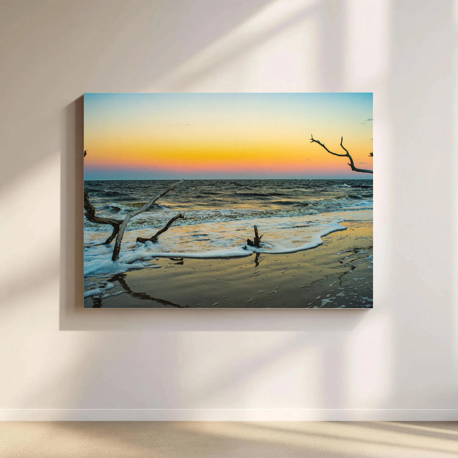Coastal Beach Sunset Driftwood Horizontal Canvas | Boneyard Ocean Wave Landscape Print | Premium 1.25” Gallery Wrap, Fade-Resistant | Modern Living Room Decor, Nature Lover Gift