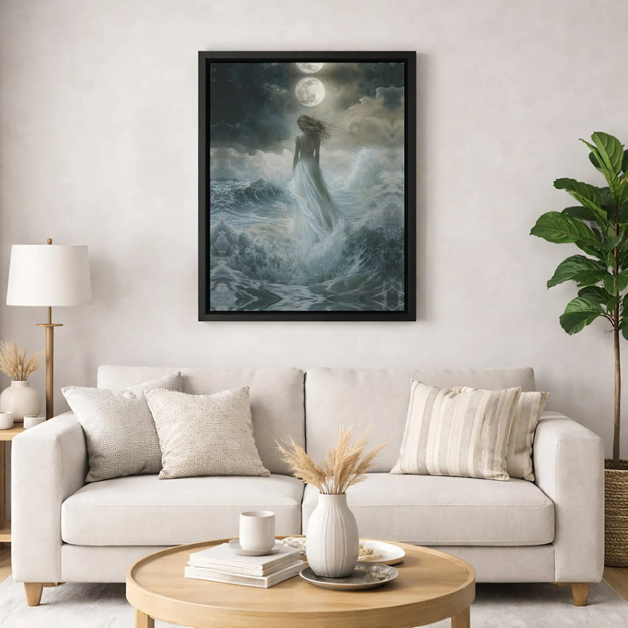 Surreal Moonlit Ocean Canvas Art | Gothic Fantasy Woman in Stormy Sea | Premium 1.25 Inch Gallery Wrap | Dreamy Home Decor Wall Print