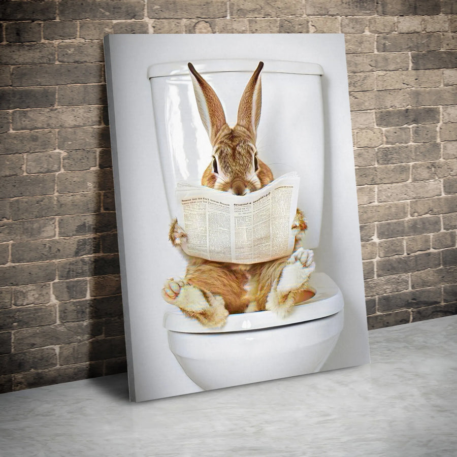 Funny Rabbit Reading Newspaper On Toilet Canvas | Whimsical Bathroom Wall Art | Premium Gallery-Wrapped Print | Unique Home Decor Gift Idea