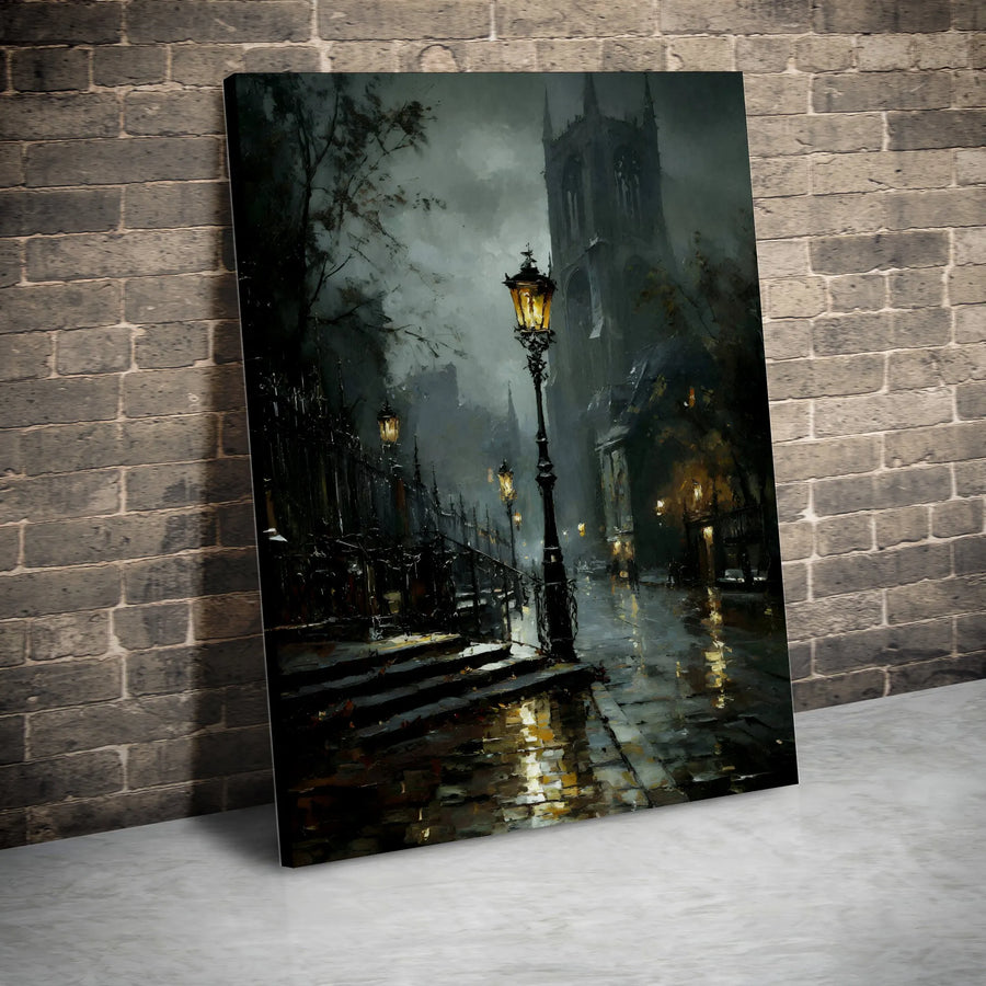 Gothic City Street Canvas Wall Art | Moody Rain-Slicked London Alley Scene | Premium Gallery-Wrapped Print | Atmospheric Home Decor Gift