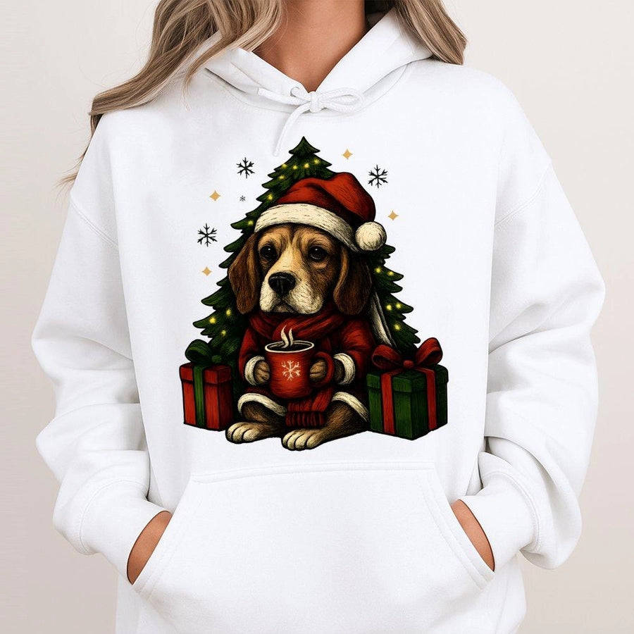 Beagle Christmas Hoodie | Cute Santa Hat Puppy Graphic | Premium Cotton Blend Pullover | Holiday Gift For Dog Lovers