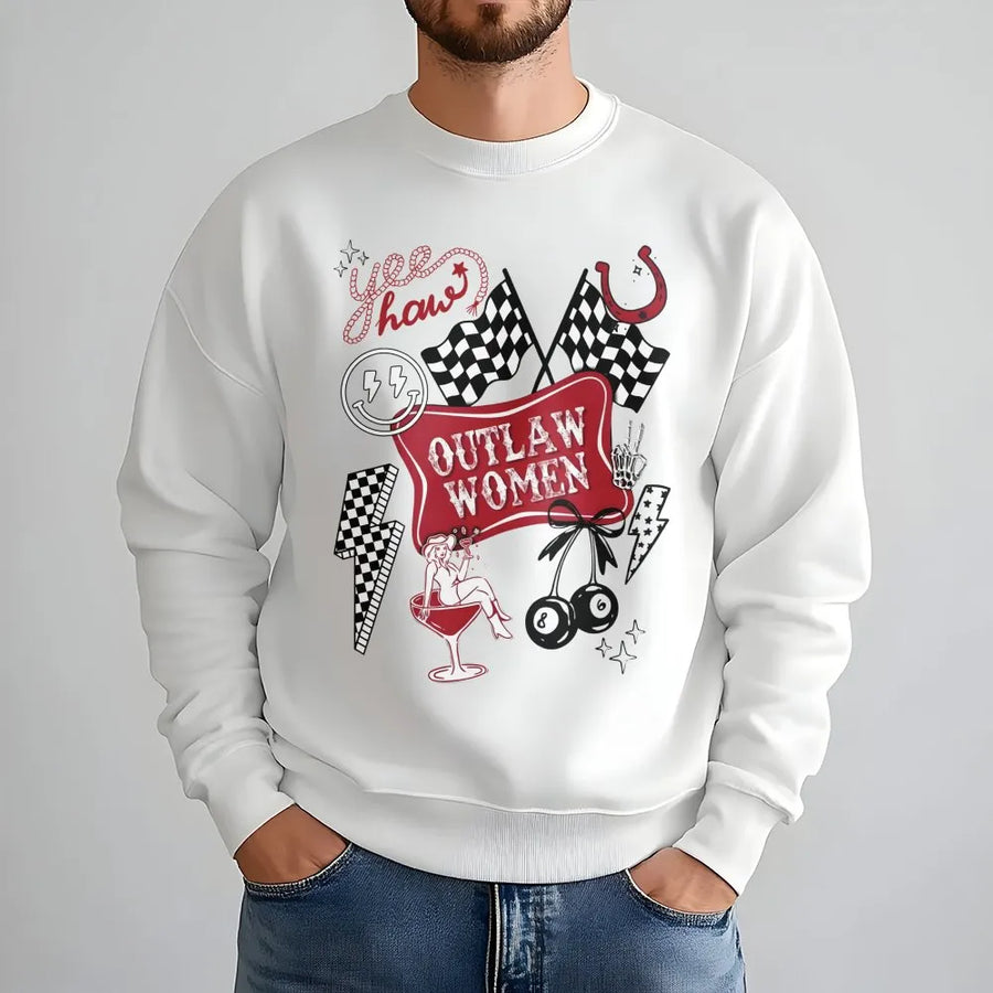 Outlaw Women Western Sweatshirt | Retro Country Racing Graphic | Premium Cotton Blend | Cowgirl Gift For Her