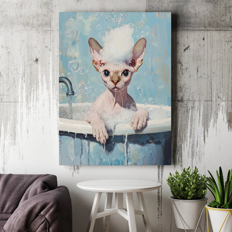 Sphynx Cat Canvas Wall Art | Bubble Bath Funny Bathroom Decor | Premium Gallery Wrap Print | Quirky Gift for Cat Lovers
