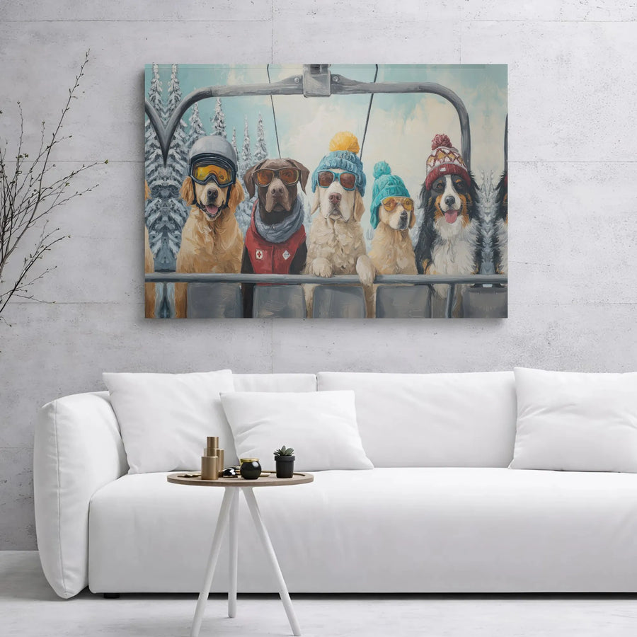 Dogs On Ski Lift Canvas Print | Funny Winter Dog Portrait | Premium Gallery Wrap Wall Art | Cozy Mountain Cabin Decor Gift