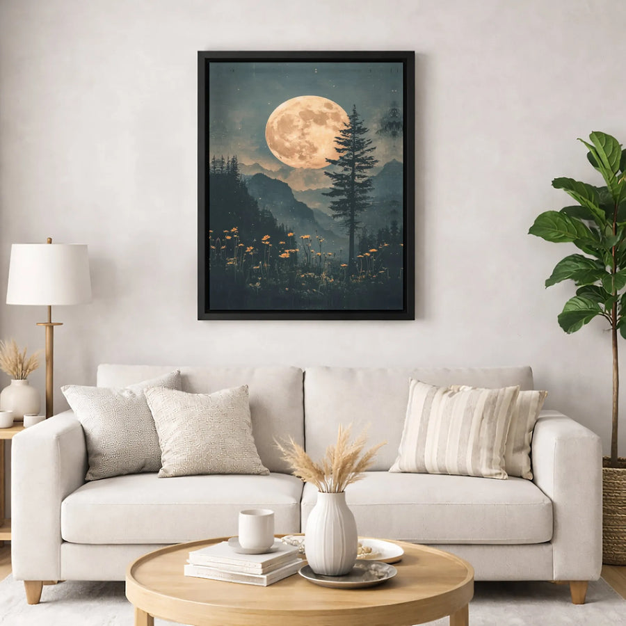 Full Moon Mountain Forest Canvas Art | Enchanting Night Landscape with Wildflowers | Premium Fade-Resistant Print | Nature Lover Home Decor Gift