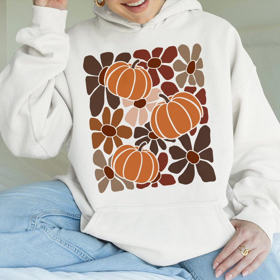 Boho Pumpkin Hoodie | Retro Floral Fall Graphic Print | Premium Cotton-Poly Blend | Cozy Thanksgiving Aesthetic Gift For Women