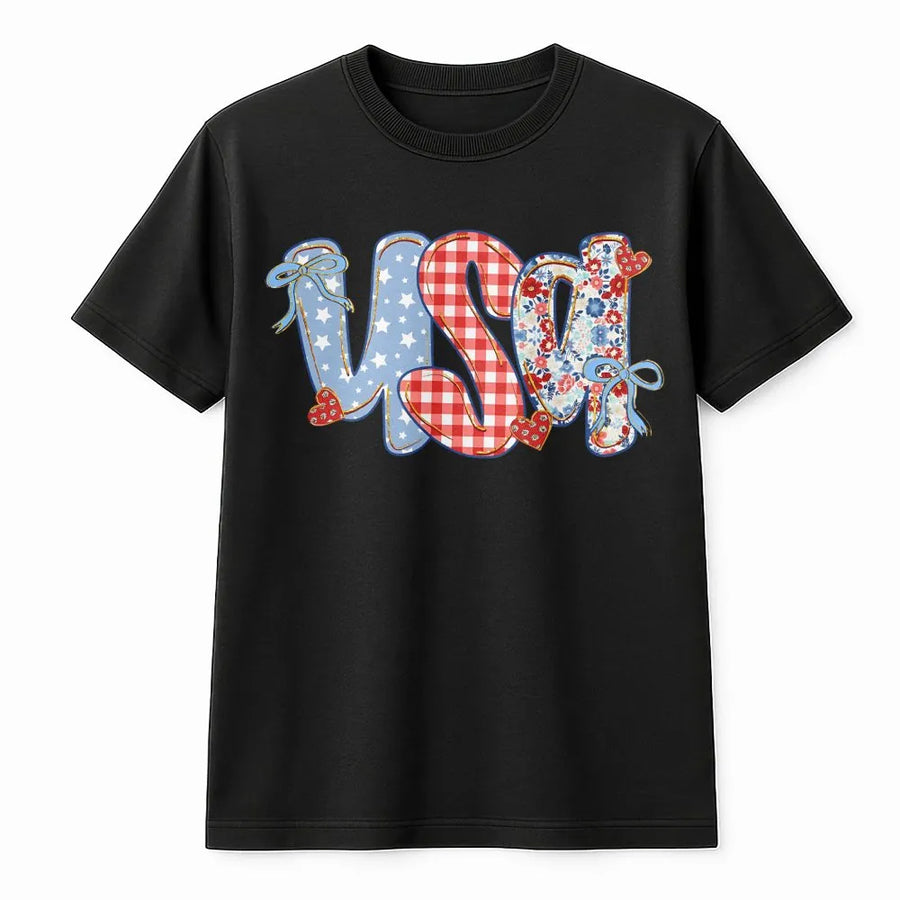 Coquette USA T-Shirt | Preppy Floral Stars and Stripes Design | Soft Cotton Blend | 4th of July Patriotic Gift for Women