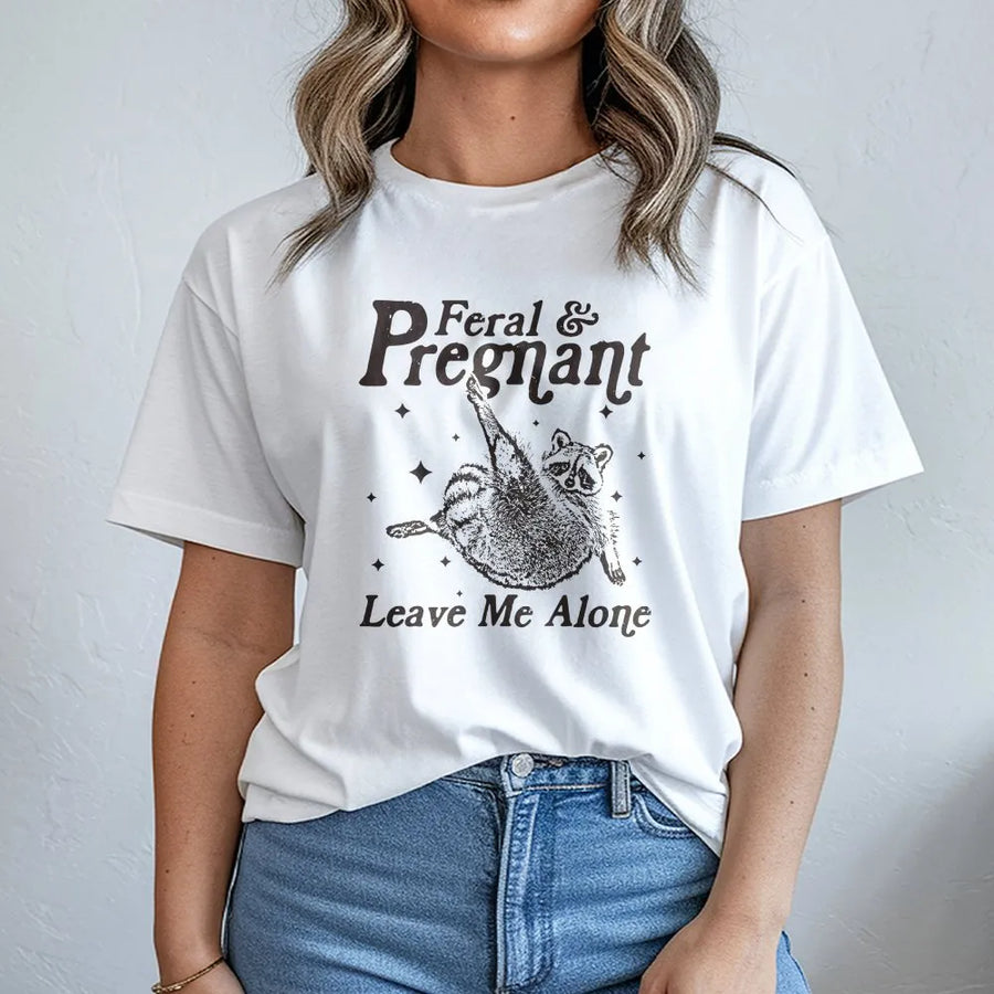 Feral and Pregnant T-Shirt | Funny Raccoon Graphic Tee | Soft Cotton Maternity Top | Humorous Pregnancy Announcement Gift for Women