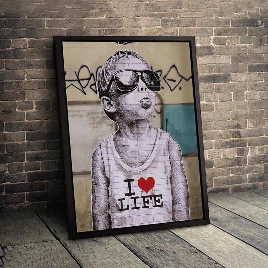 I Love Life Graffiti Canvas Art | Street Style Boy with Sunglasses | Gallery-Wrapped Premium Print | Modern Urban Wall Decor for Home Office