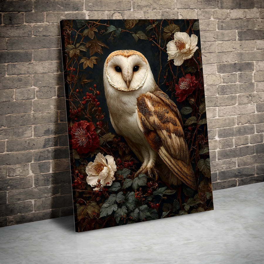 Barn Owl Wall Art | Dark Botanical Floral Painting | Premium Gallery Wrap Canvas | Vintage Style Home Decor Gift for Bird Lovers