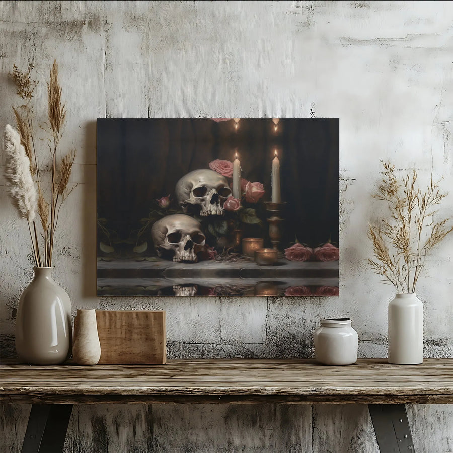 Gothic Vanitas Skull Canvas Wall Art | Still Life Roses and Candles | Premium Gallery Wrapped Decor | Moody Dark Academia Home Gift